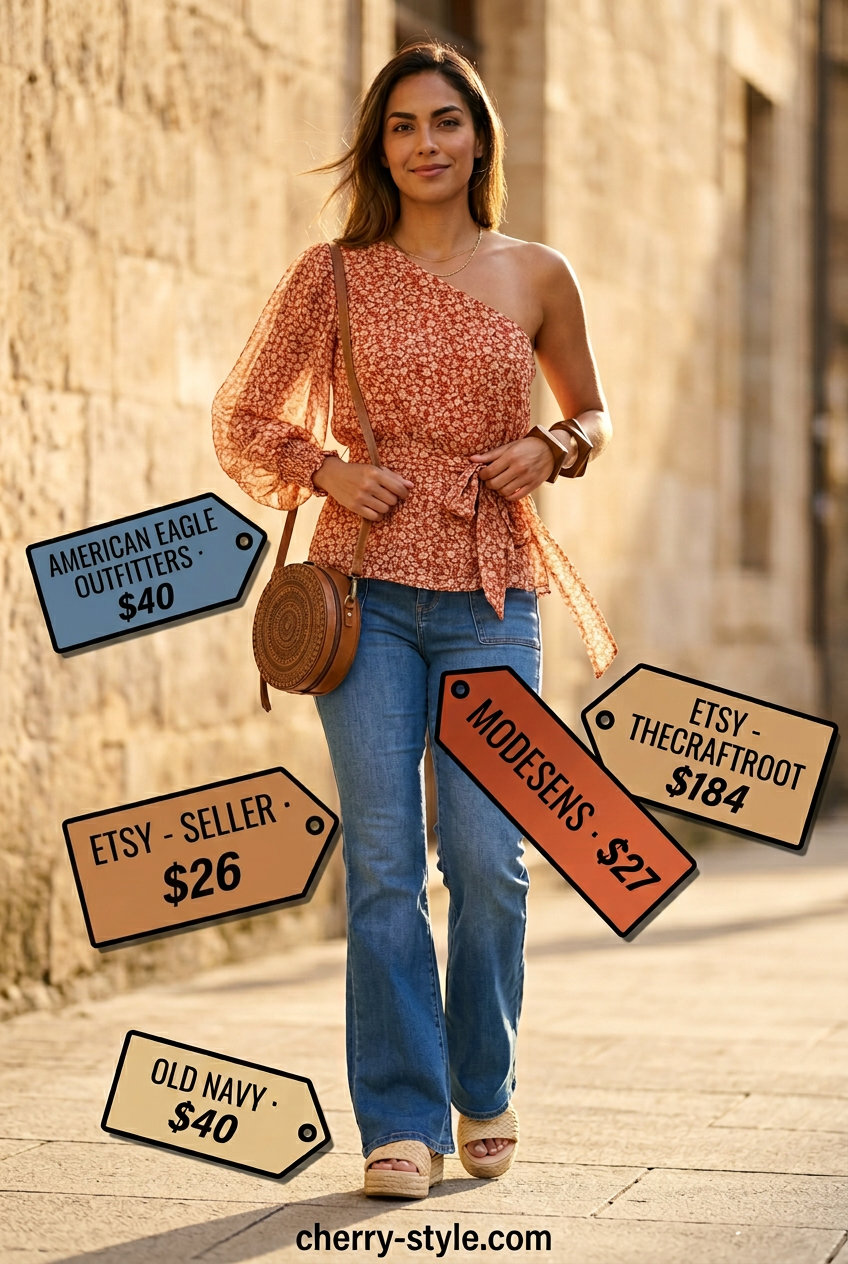 Groovy retro one-shoulder blouse with flare jeans and espadrilles for summer 2026.