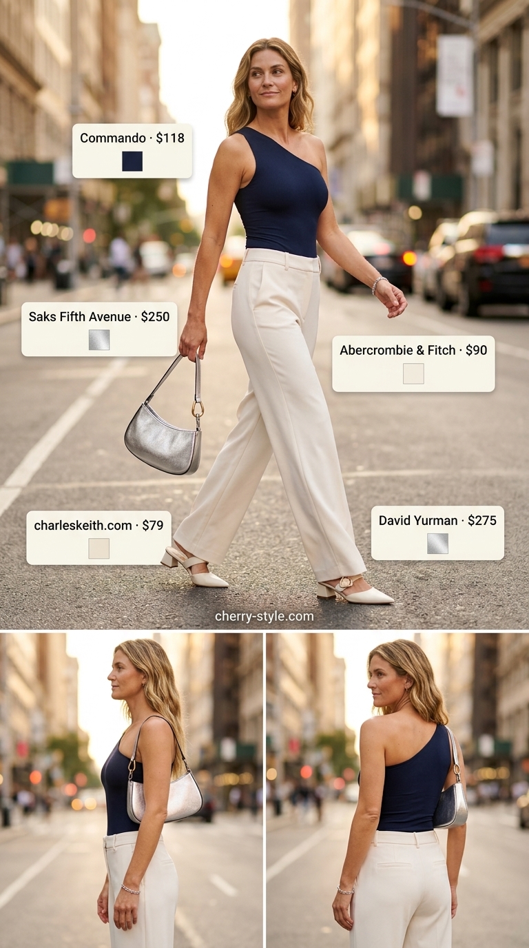 Sleek navy one-shoulder bodysuit with cream wide-leg trousers for smart casual office 2026.