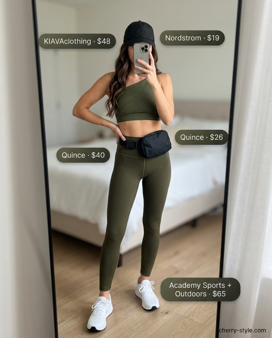 Sporty olive green one-shoulder sports bra outfit with matching leggings and sneakers for summer 2026.