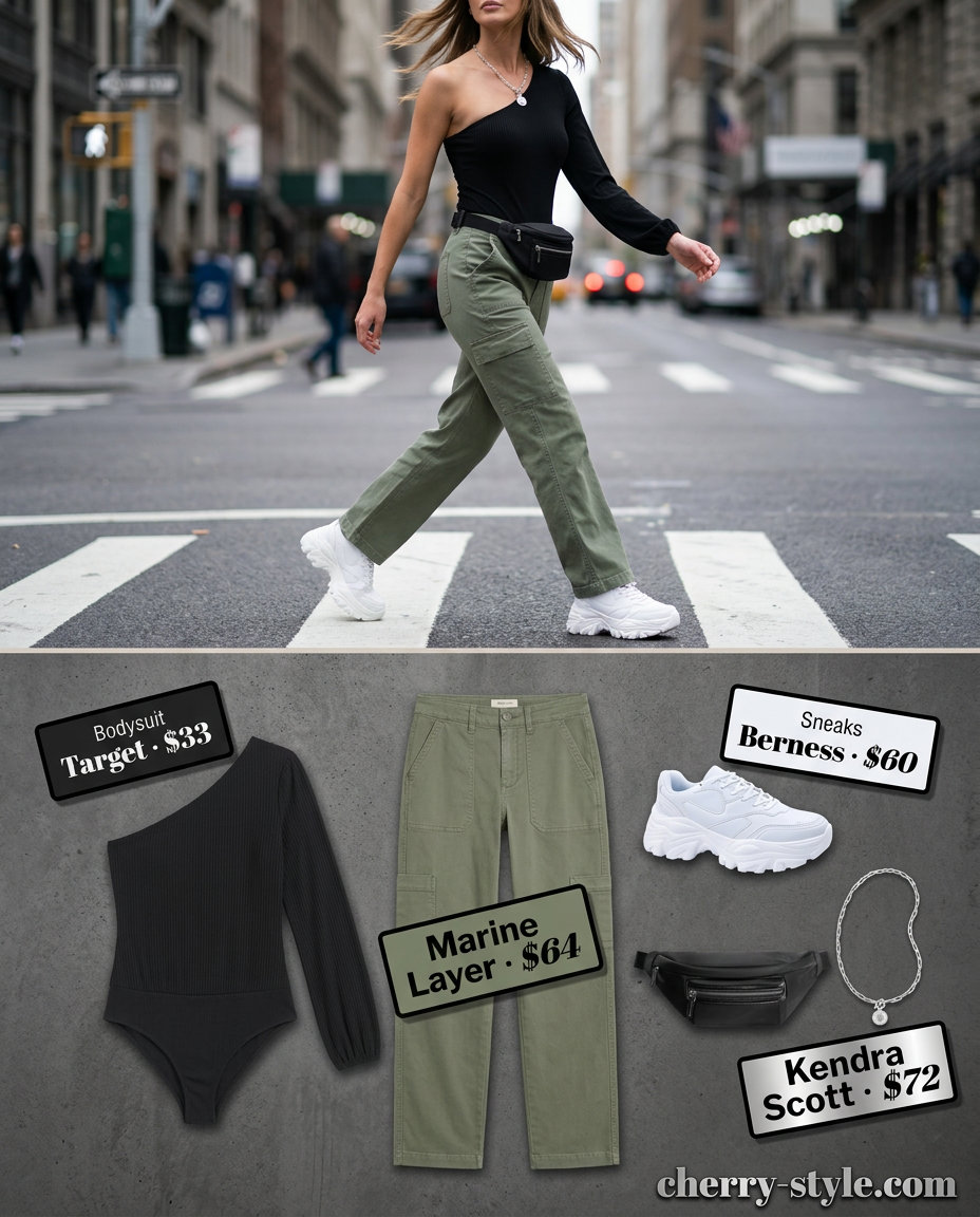 Edgy urban explorer outfit with a black one-shoulder bodysuit, olive cargo pants, and chunky sneakers for summer 2026.