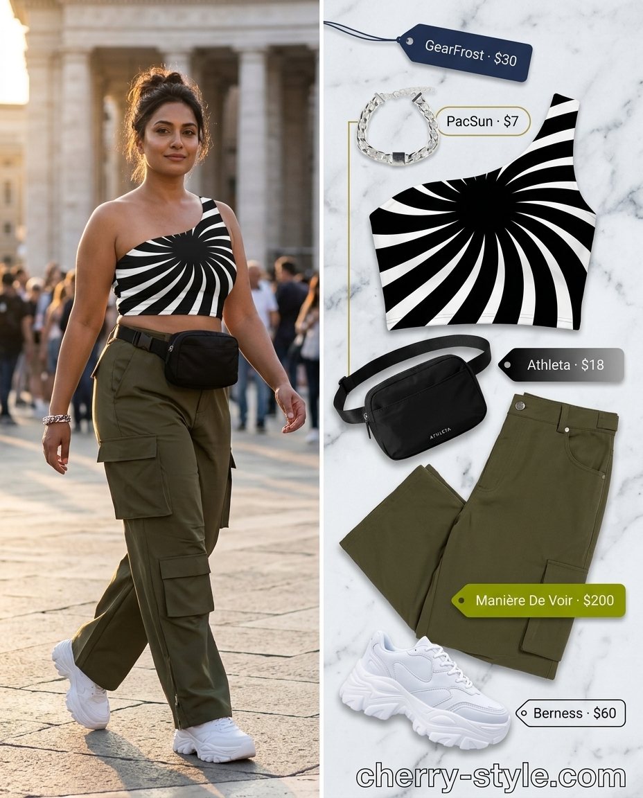 Trendy urban one-shoulder outfit with a black and white print top, olive cargo pants, and chunky sneakers for 2026.