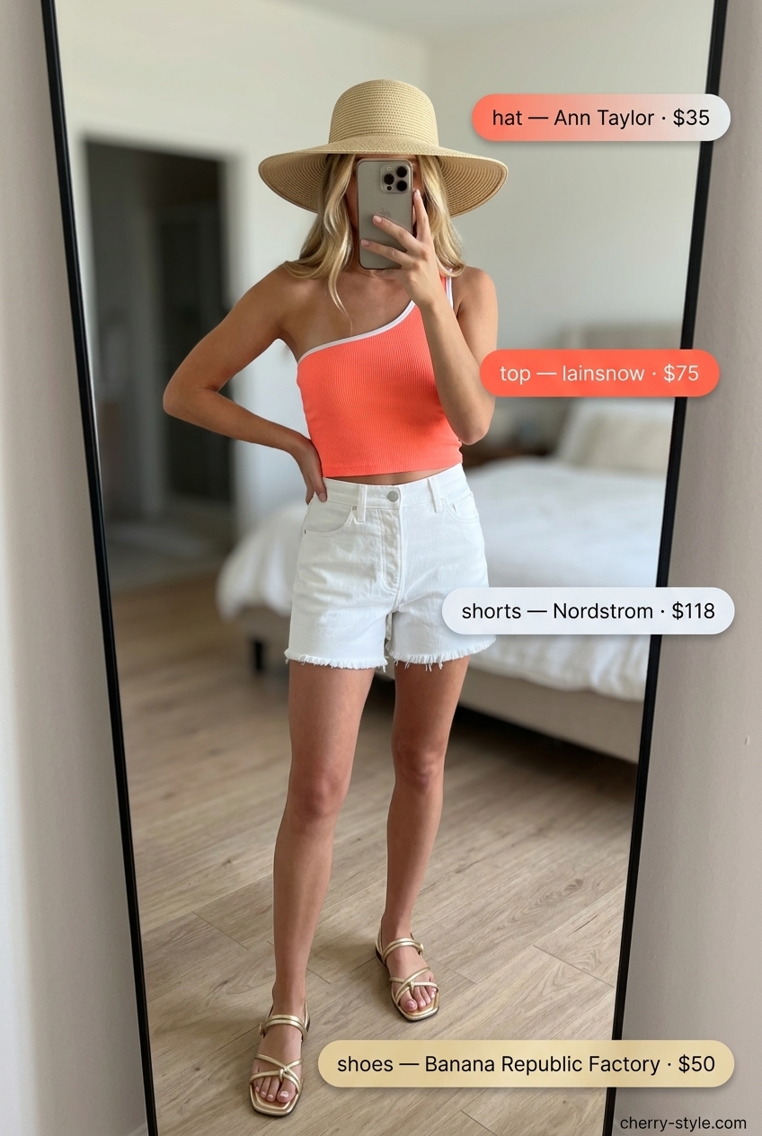 Playful vacation one-shoulder crop top with denim shorts, straw hat, and sandals for summer 2026.