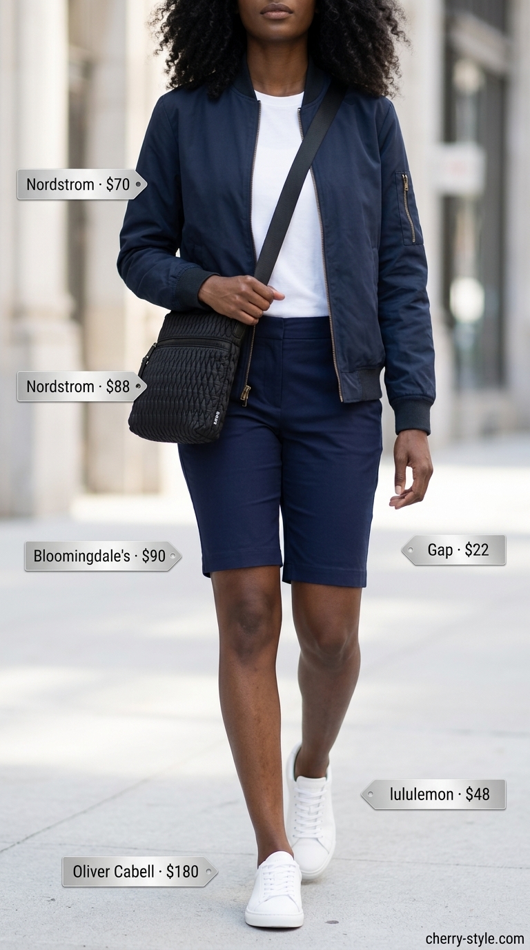 Summer outfits black woman 2026: Navy bomber jacket and Bermuda shorts for sporty chic athleisure. Casual and modern.