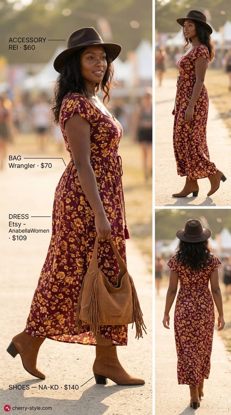 Boho summer outfits black woman 2026: Burgundy floral maxi dress, wide-brimmed hat, suede ankle boots, fringe crossbody bag for festival.