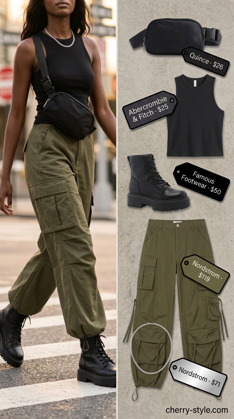Summer outfits black woman 2026: Olive green cargo pants and black tank for urban explorer style. Edgy and practical.