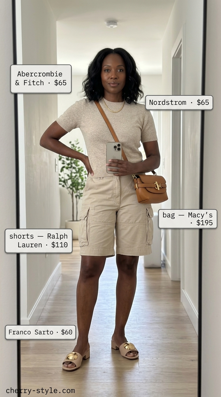 Summer outfits black woman 2026: Tan cargo shorts, cream knit top, gold necklace, and tan slides for a chic daytime look.