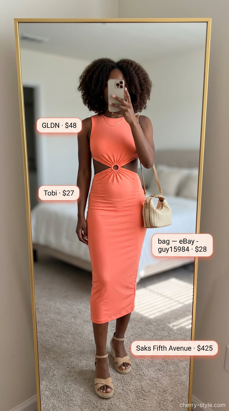 Summer outfits black woman 2026: Coral cut-out midi dress for summer parties and vacation evenings. Trendy and feminine.
