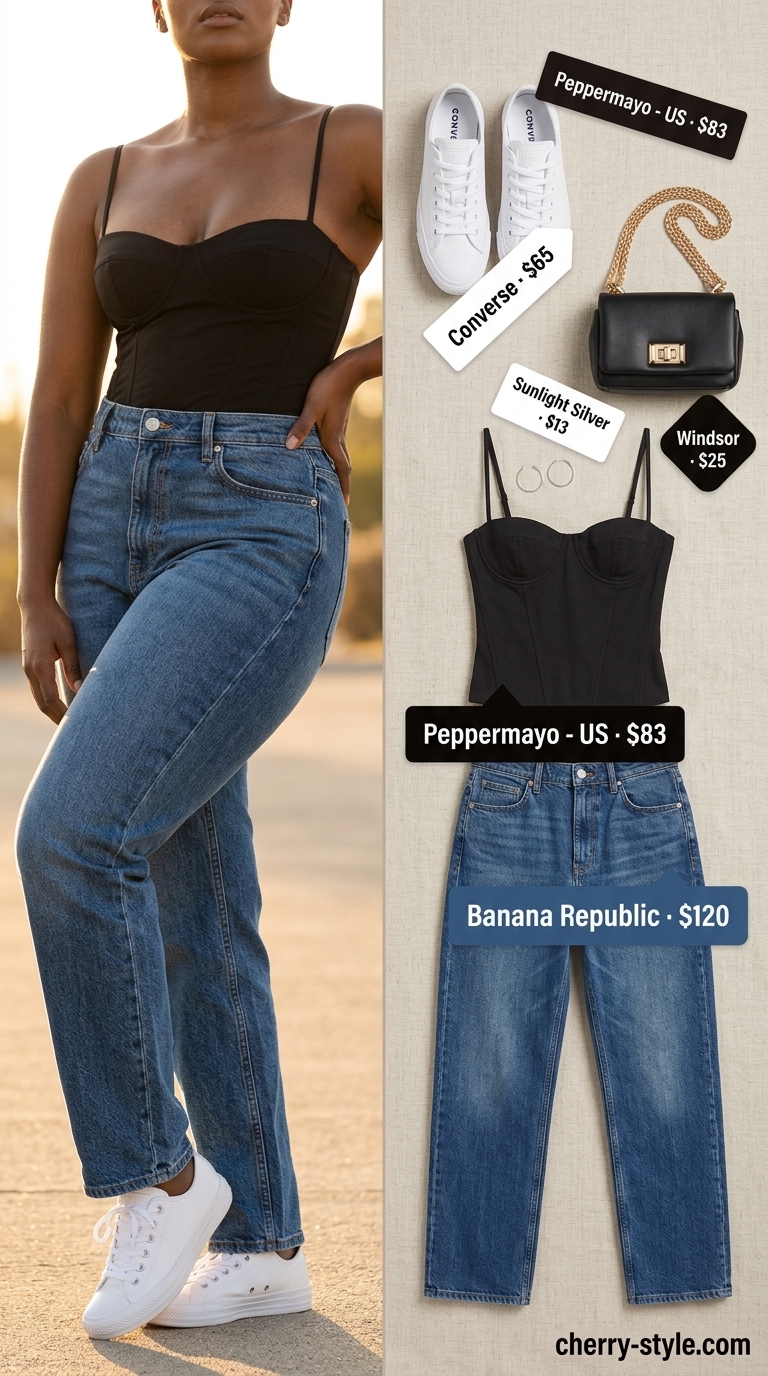 Summer outfits black woman 2026: Medium wash denim jeans and black corset top for casual retro style. Cool and casual.