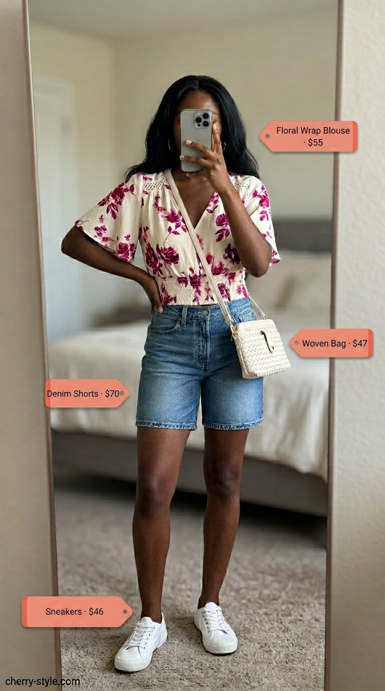 Casual summer outfits black woman 2026: Denim shorts, pink floral peasant blouse, white sneakers, woven crossbody bag.