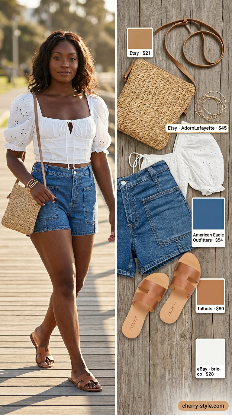 Summer outfits black woman 2026: Denim shorts, white eyelet blouse, straw crossbody, and gold bangles for a relaxed boho look.