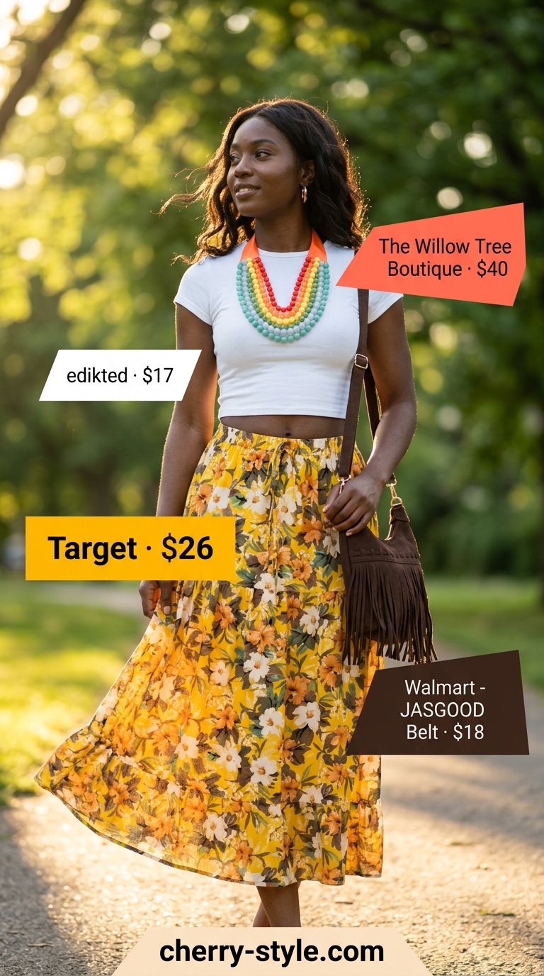 Summer outfits black woman 2026: Boho floral maxi skirt for festivals and casual outings. Free-spirited and earthy.