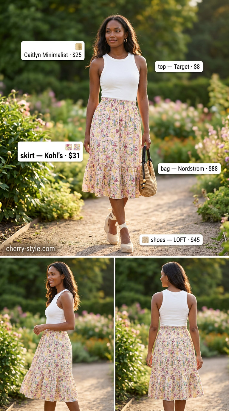 Feminine summer outfits black woman 2026: Floral midi skirt, white ribbed tank, espadrille wedges, straw crossbody bag for garden party.
