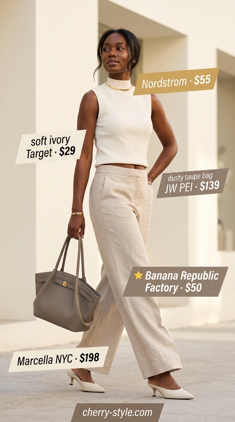 Summer outfits black woman 2026: Beige linen pants and cream top for sophisticated work events and brunch. Minimalist and calm.