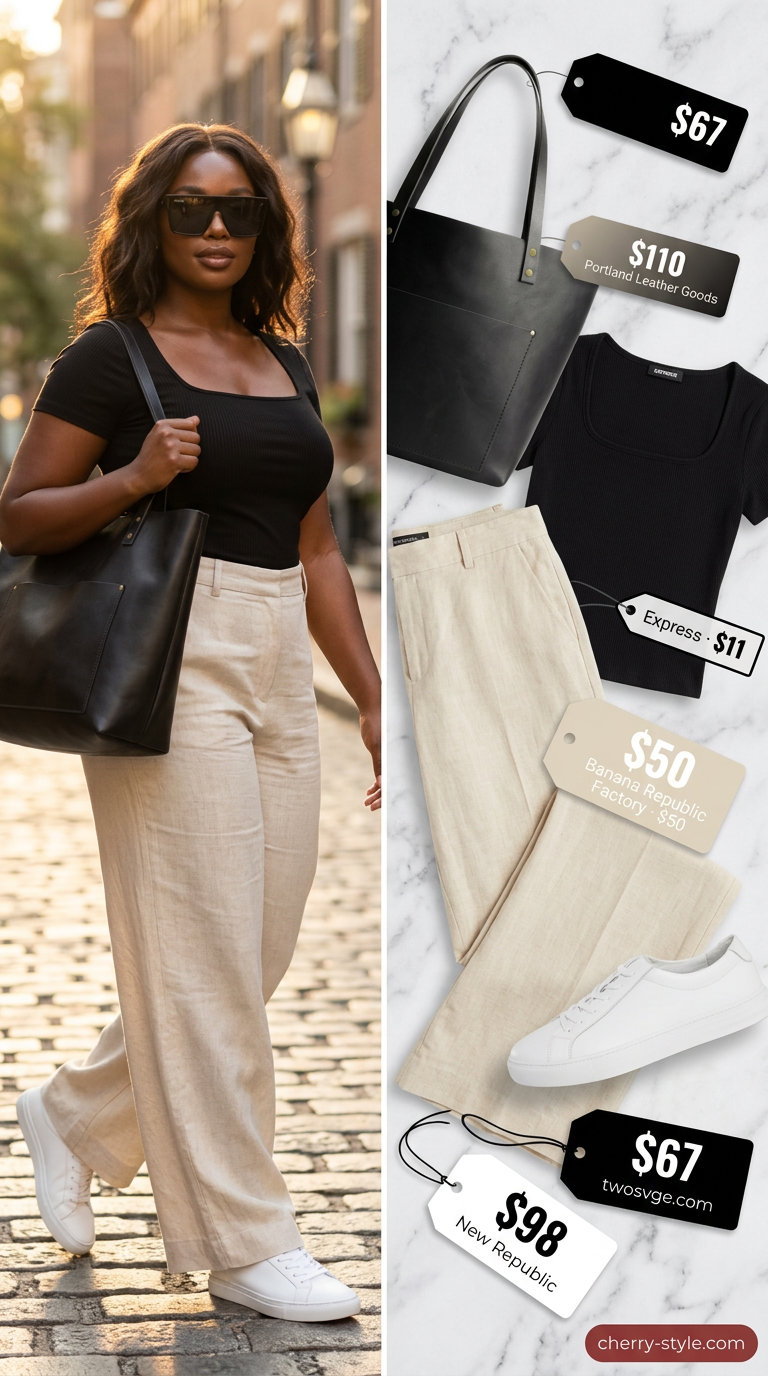Summer outfits black woman 2026: Cream linen pants, black crop top, white sneakers, and sunglasses for a chic city look.