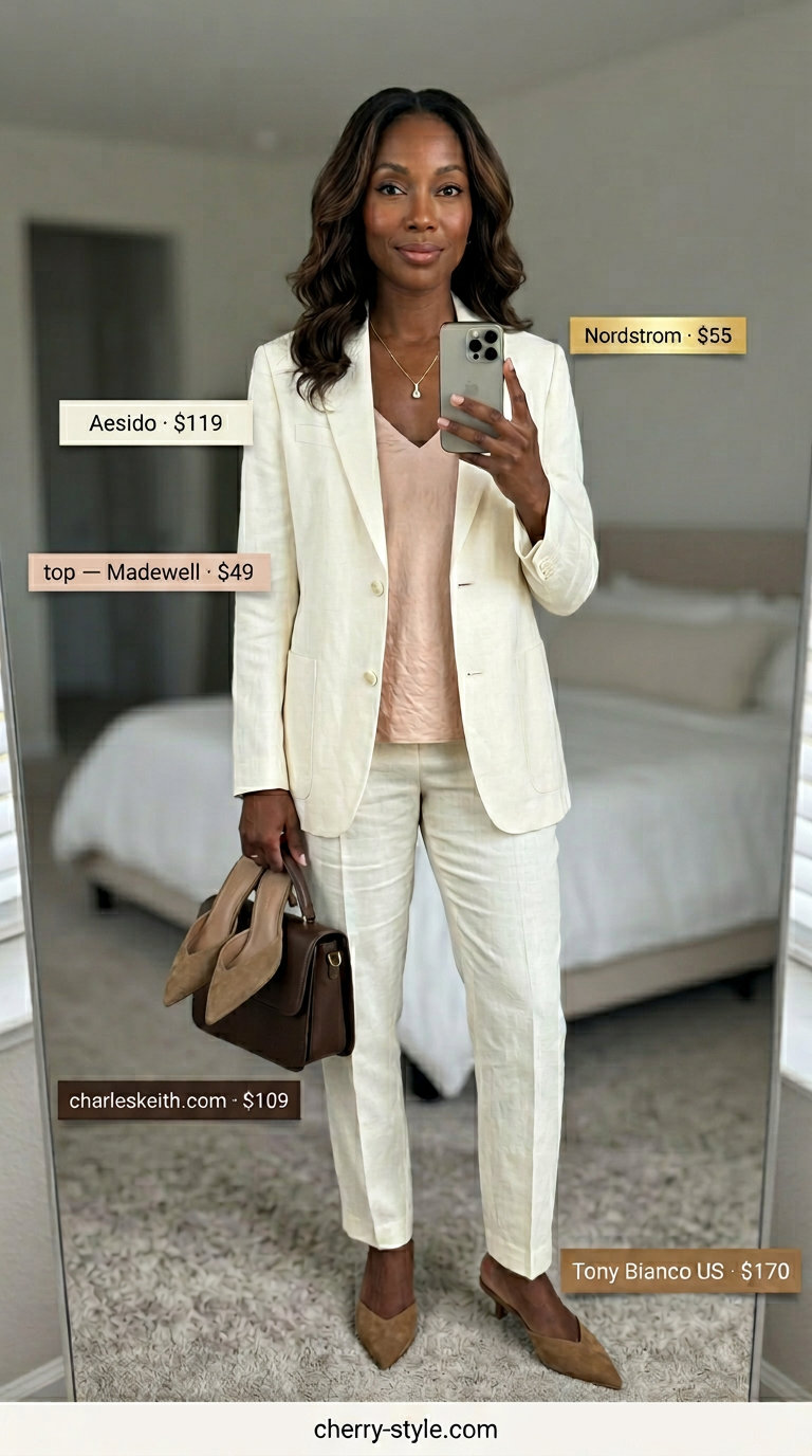 Summer outfits black woman 2026: Ivory linen pantsuit for smart casual events and summer office. Polished and elegant.