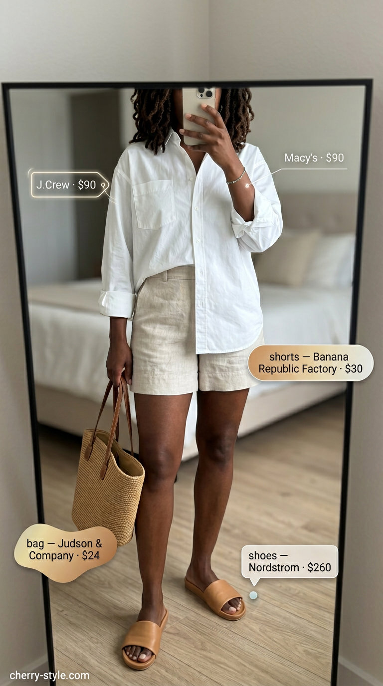 Summer outfits black woman 2026: Beige linen shorts, white oversized shirt, light blue bracelet, and straw tote for a coastal vibe.
