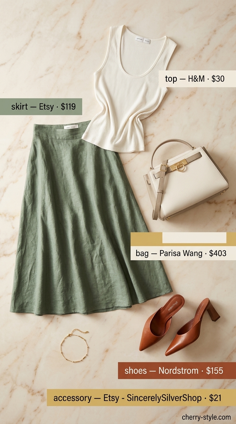 Summer outfits black woman 2026: Tan linen skirt, cream knit top, block heel mules, and structured bag for a polished look.