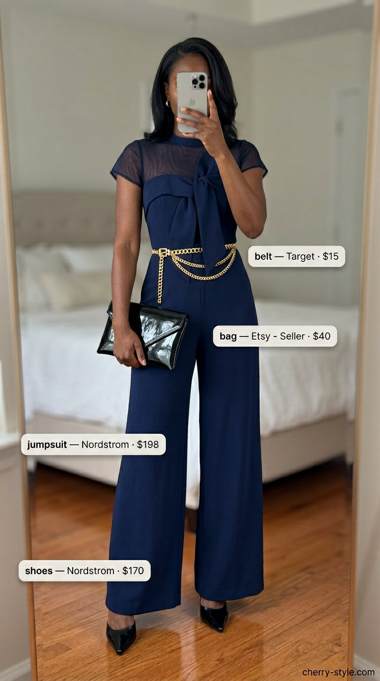Sophisticated summer outfits black woman 2026: Navy wide-leg jumpsuit, gold chain belt, black heeled mules, envelope clutch.