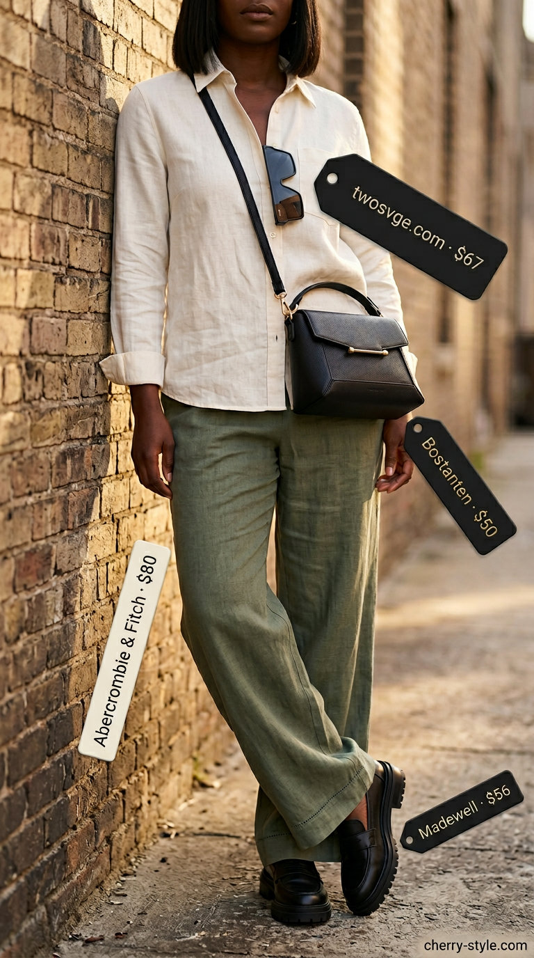 Modern summer outfits black woman 2026: Olive green linen set, black crossbody bag, sunglasses, leather loafers for city sightseeing.