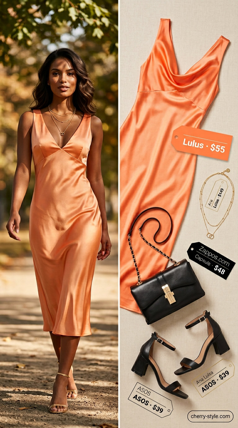 Glamorous summer outfits black woman 2026: Orange satin slip dress, layered gold necklaces, black block heels, structured crossbody.