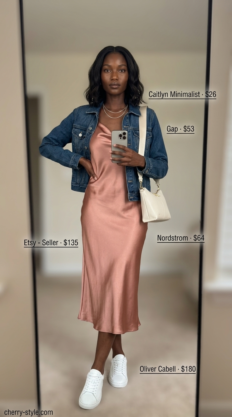 Summer outfits black woman 2026: Blush satin slip dress, denim jacket, white sneakers, and silver necklace for date night.