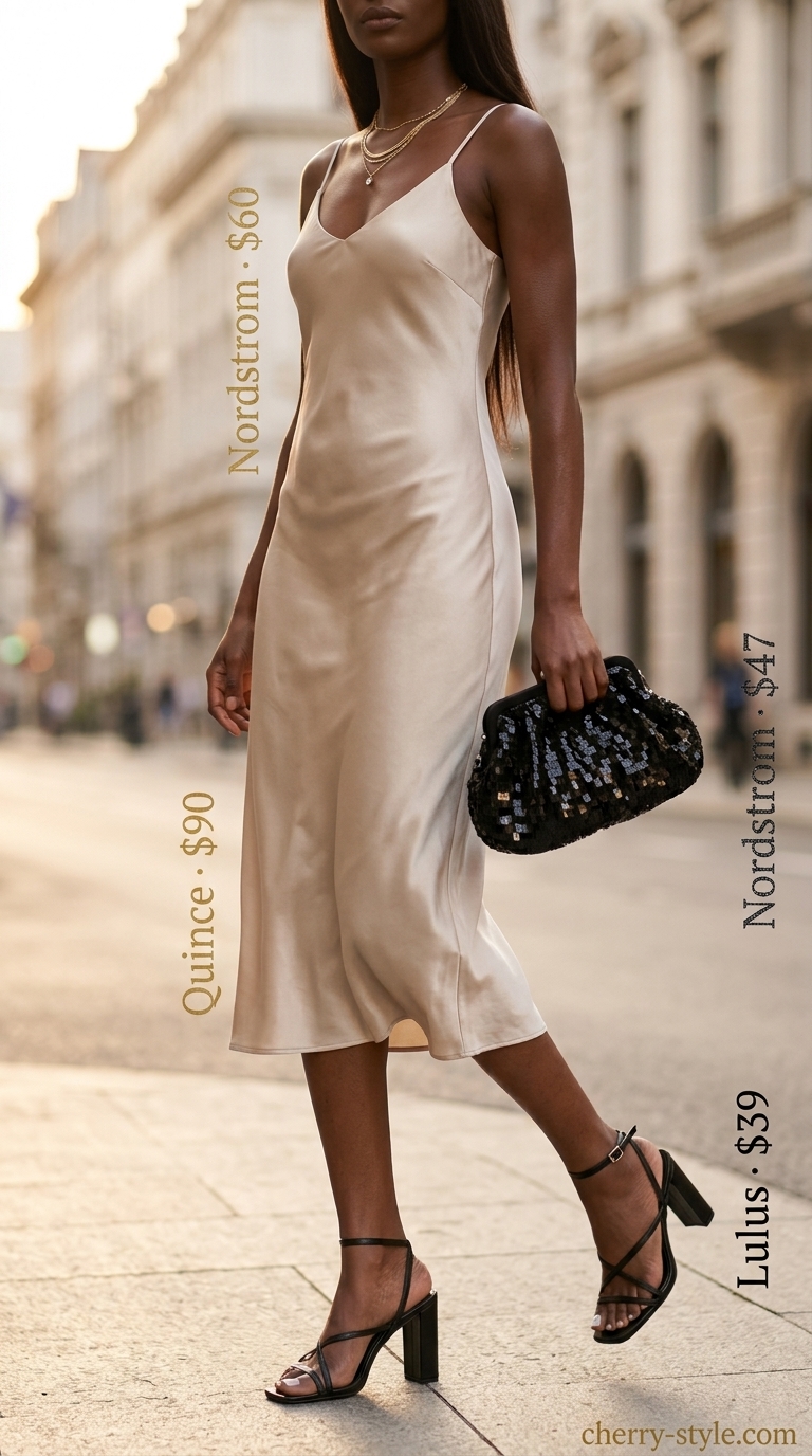Summer outfits black woman 2026: Champagne satin slip dress for evening events and date nights. Elegant and glamorous.