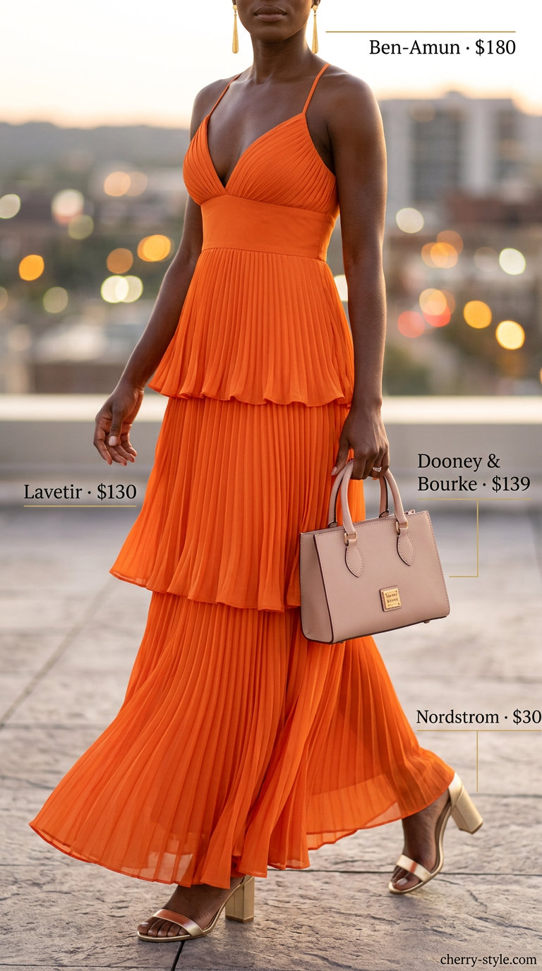 Elegant summer outfits black woman 2026: Sunset orange maxi dress, hammered gold earrings, strappy gold heels, structured clutch.