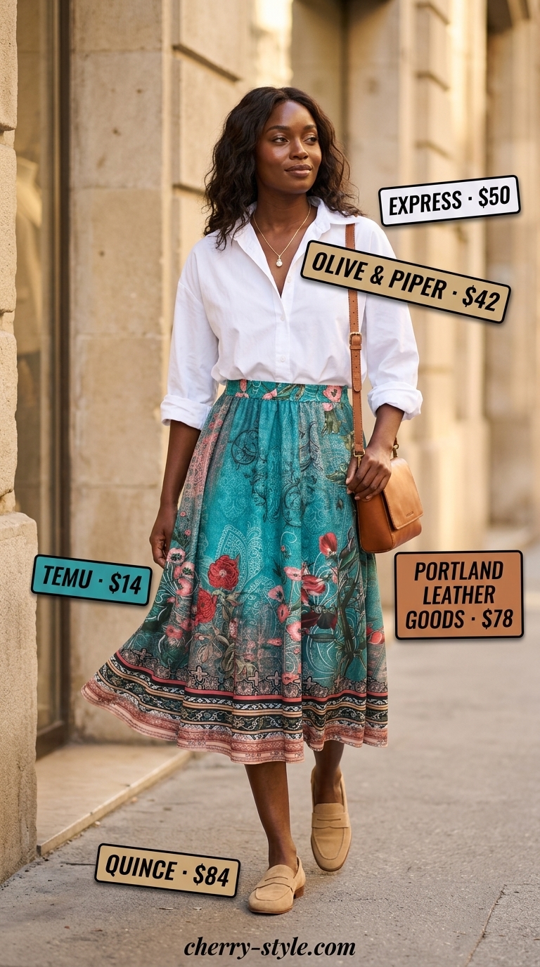 Chic summer outfits black woman 2026: Teal floral midi skirt, oversized white shirt, cognac crossbody, suede loafers for brunch.