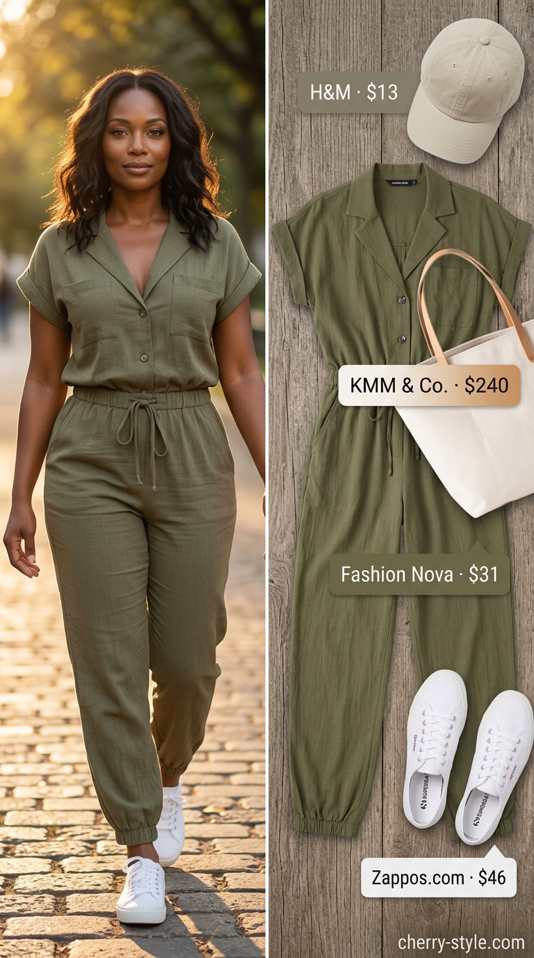 Summer outfits black woman 2026: Olive utility jumpsuit, white sneakers, canvas tote, and baseball cap for a practical weekend look.