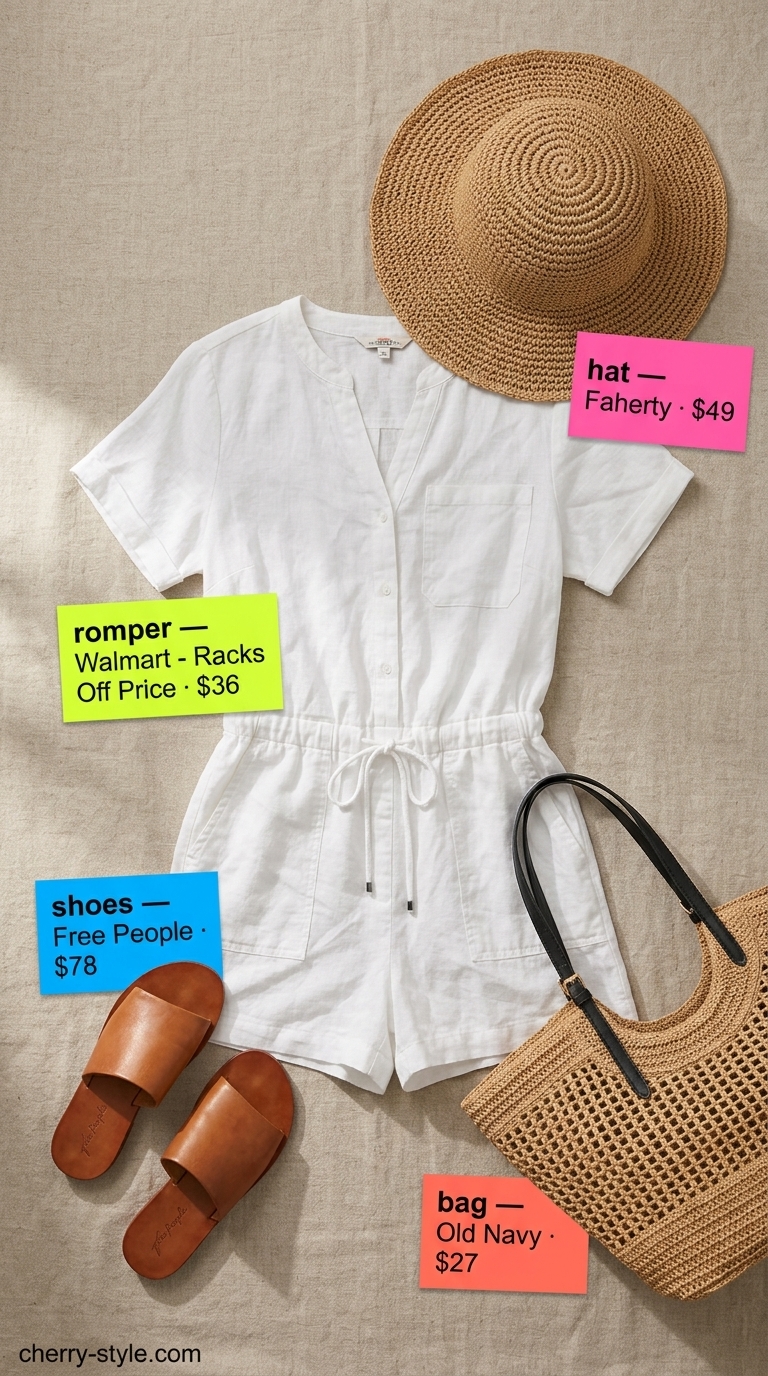 Effortless summer outfits black woman 2026: White linen romper, straw hat, slide sandals, woven tote for beach vacation.