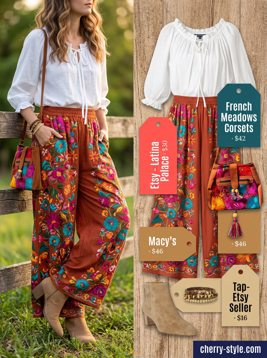 Bohemian floral wide leg pants with peasant blouse, suede boots, and embroidered bag for summer palazzo wide leg pants outfits for women 2026.