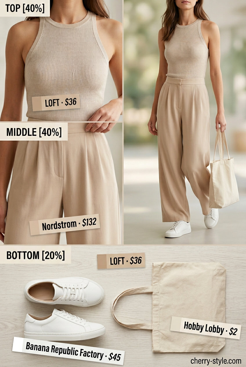 Beige wide leg pants with matching tank top, white sneakers, and canvas tote for summer palazzo wide leg pants outfits for women 2026.