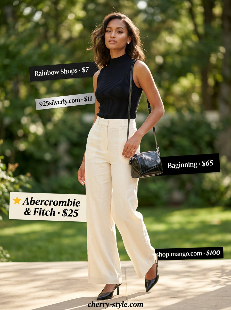 Ivory wide leg trousers with black mock neck top, slingbacks, and geometric bag for summer palazzo wide leg pants outfits for women 2026.