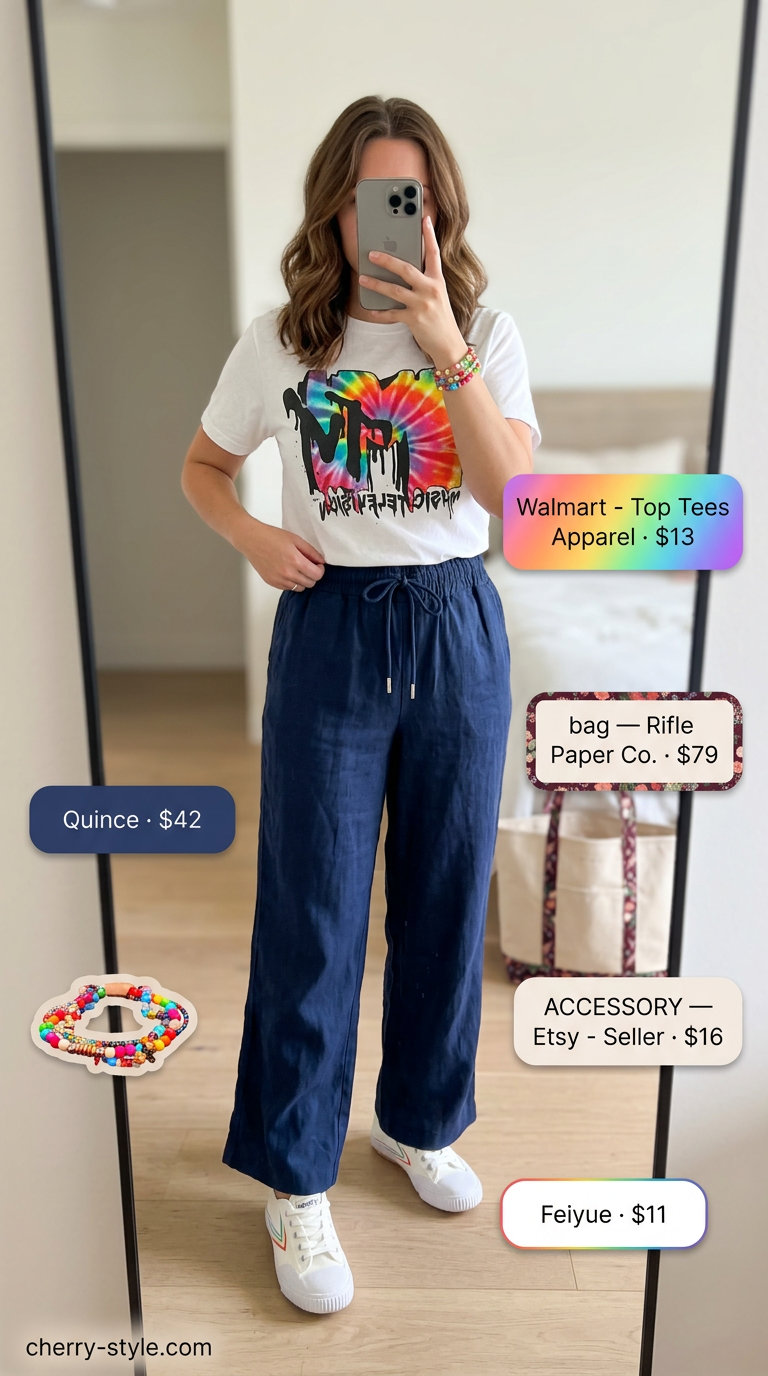 Light wash denim wide leg pants with graphic tee, canvas tote, and sneakers for summer palazzo wide leg pants outfits for women 2026.