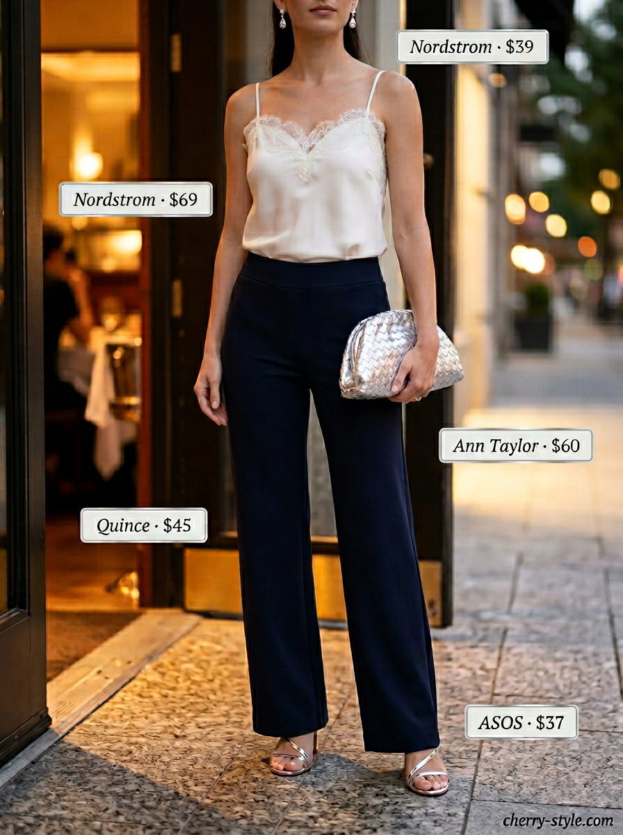 Navy wide leg pants with ivory camisole, silver heels, and clutch for summer palazzo wide leg pants outfits for women 2026.