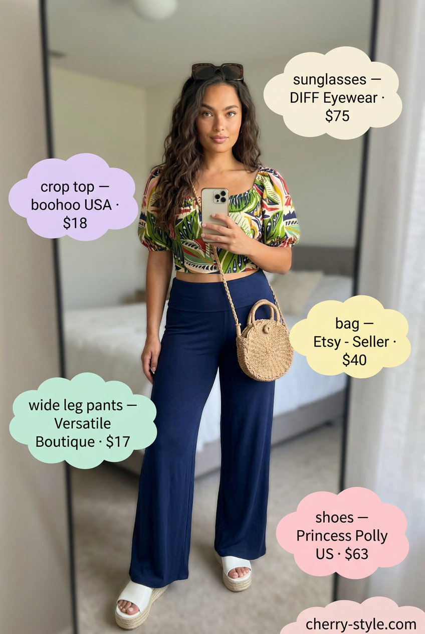 Tropical print wide leg pants set with matching crop top, espadrilles, and straw bag for summer palazzo wide leg pants outfits for women 2026.