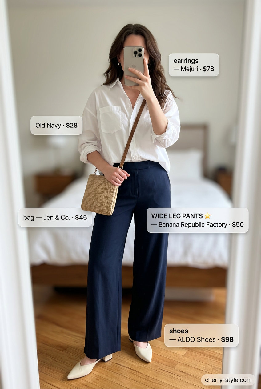 Floral wide leg pants with white button-down shirt, mules, and woven bag for summer palazzo wide leg pants outfits for women 2026.
