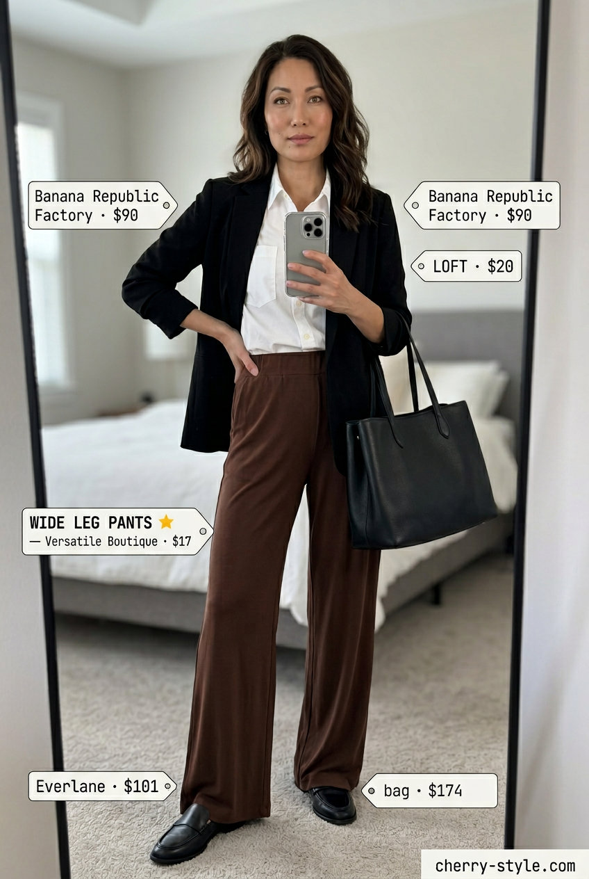 Polished olive green and white summer palazzo wide leg pants outfits for women 2026, ideal for office and professional settings.