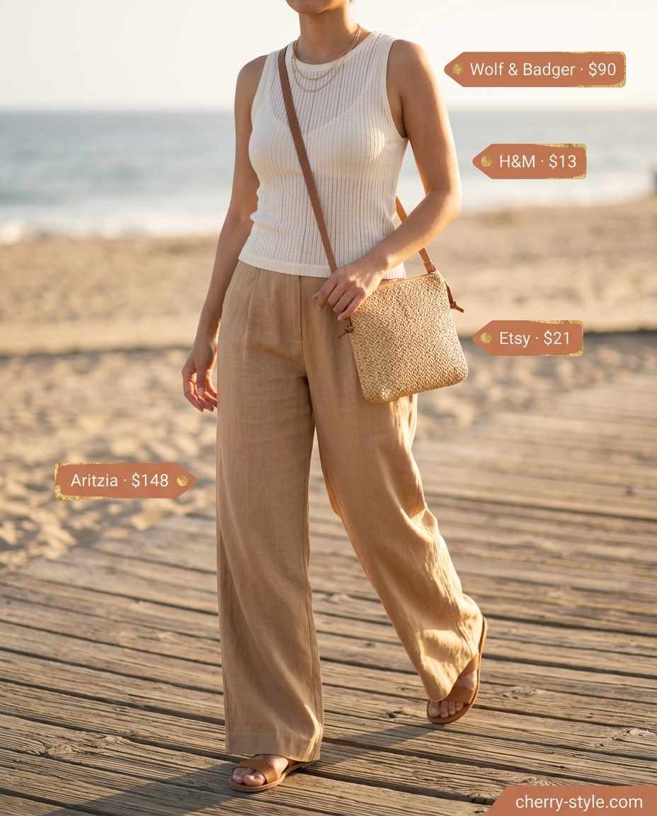 Relaxed cream and tan summer palazzo wide leg pants outfits for women 2026, perfect for beach vacations and resort wear.