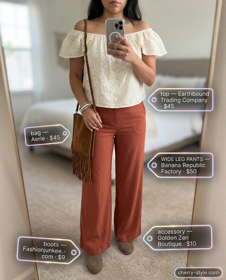 Bohemian terracotta and cream summer palazzo wide leg pants outfits for women 2026, ideal for festivals and casual summer evenings.