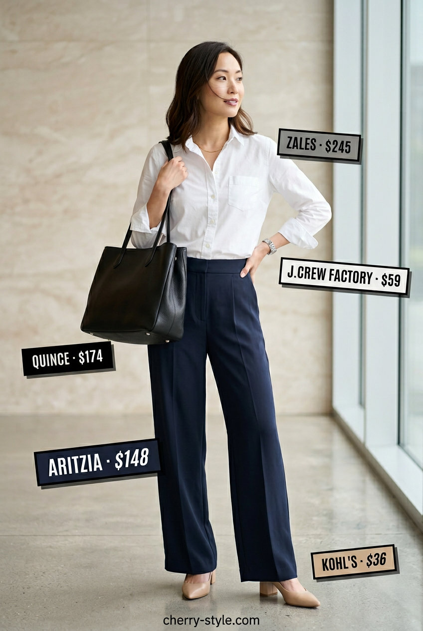 Professional navy and white summer palazzo wide leg pants outfits for women 2026, ideal for office and business casual events.