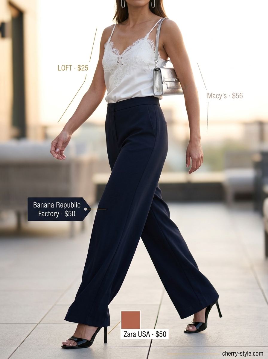 Elegant black and ivory summer palazzo wide leg pants outfits for women 2026, perfect for evening events and date nights.