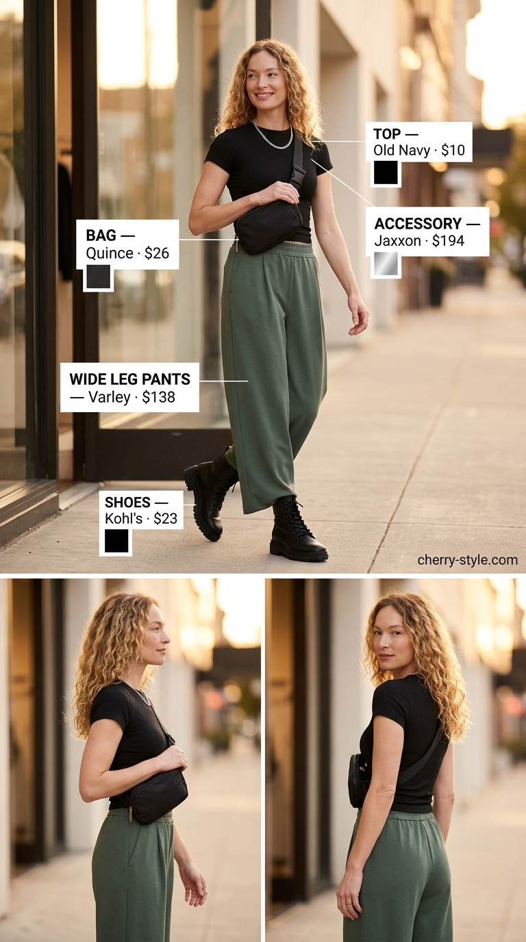 Edgy olive green and black summer palazzo wide leg pants outfits for women 2026, perfect for errands and casual outings.