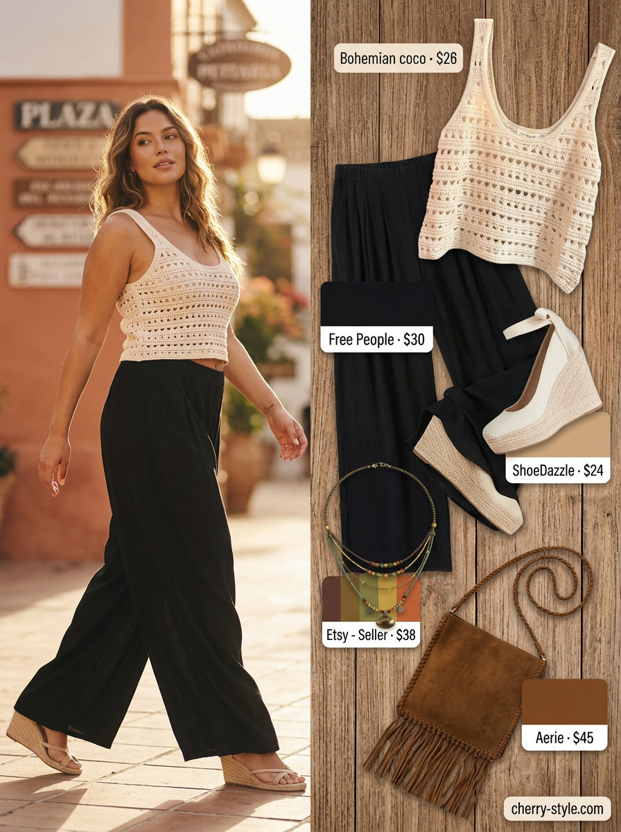 Boho paisley summer palazzo wide leg pants outfit for women 2026: cream crochet top, earthy pants, wedge sandals.