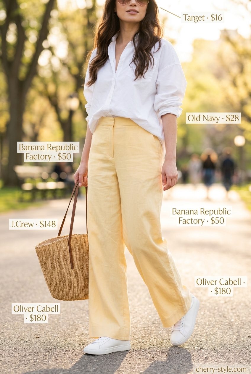 Playful citrus burst summer palazzo wide leg pants outfit for women 2026: yellow pants, white shirt, sneakers.