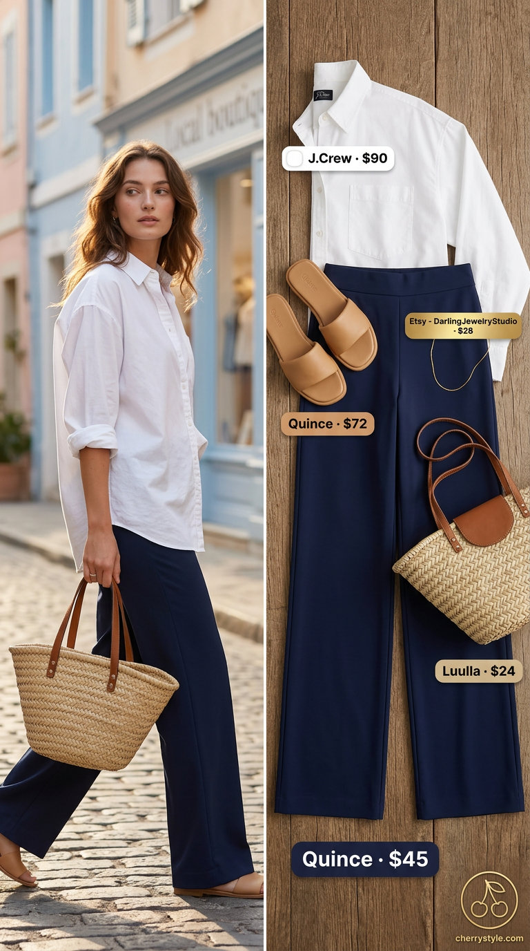 Effortless coastal breeze summer palazzo wide leg pants outfit for women 2026: blue pants, white shirt, tan slides.
