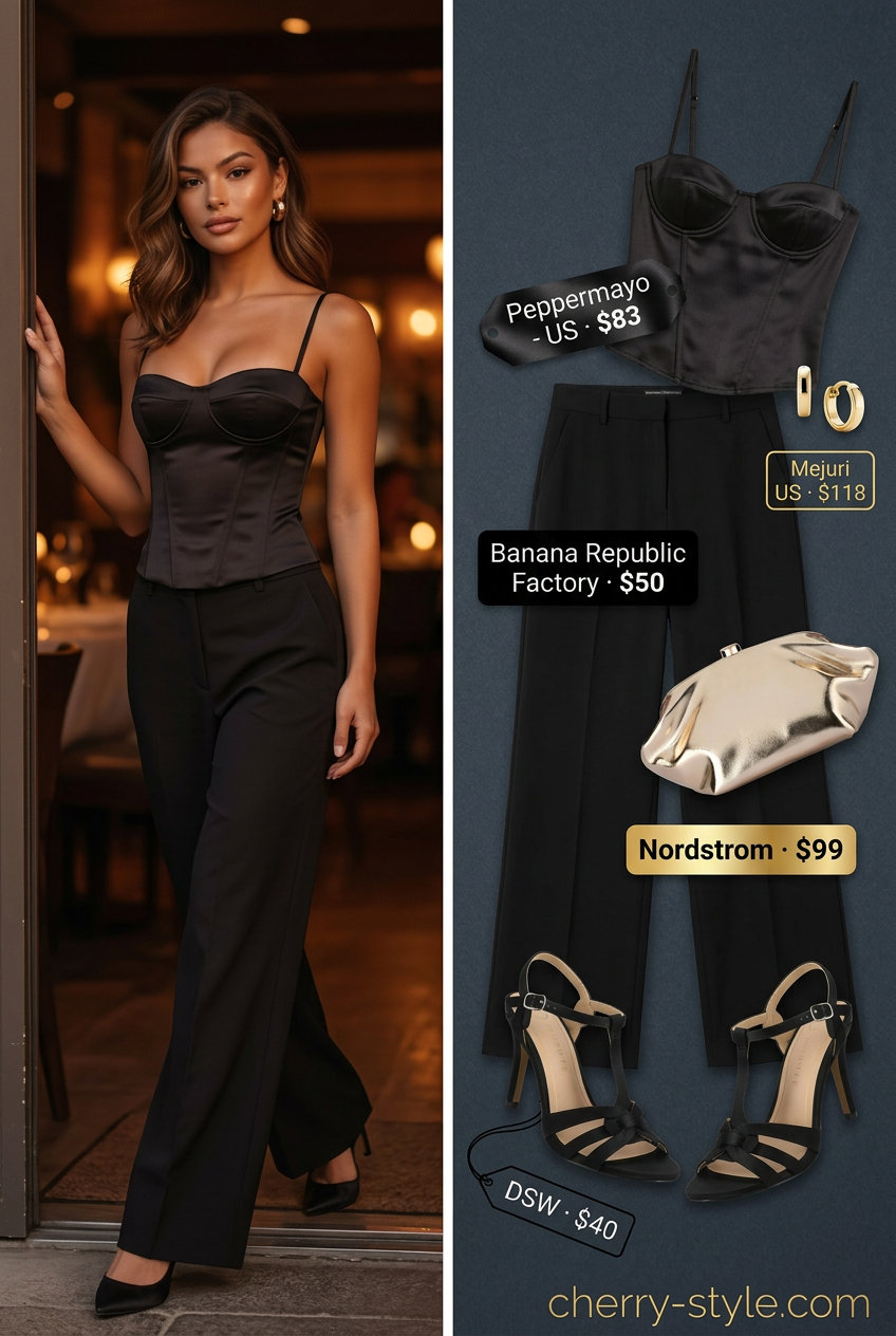 Glamorous summer palazzo wide leg pants outfit for women 2026: coral pants, black corset top, gold accessories.