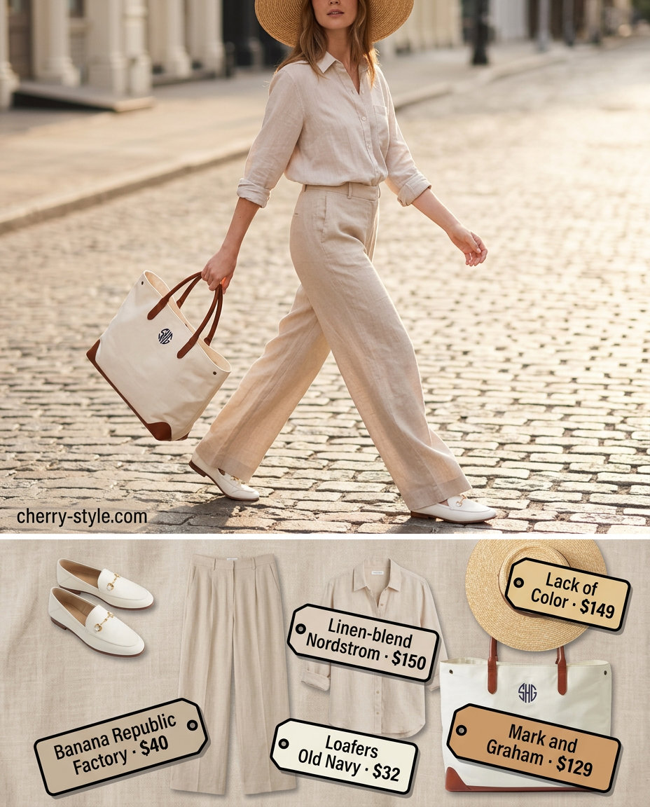 Chic monochromatic linen summer palazzo wide leg pants outfit for women 2026: beige pants, cream shirt, white loafers.