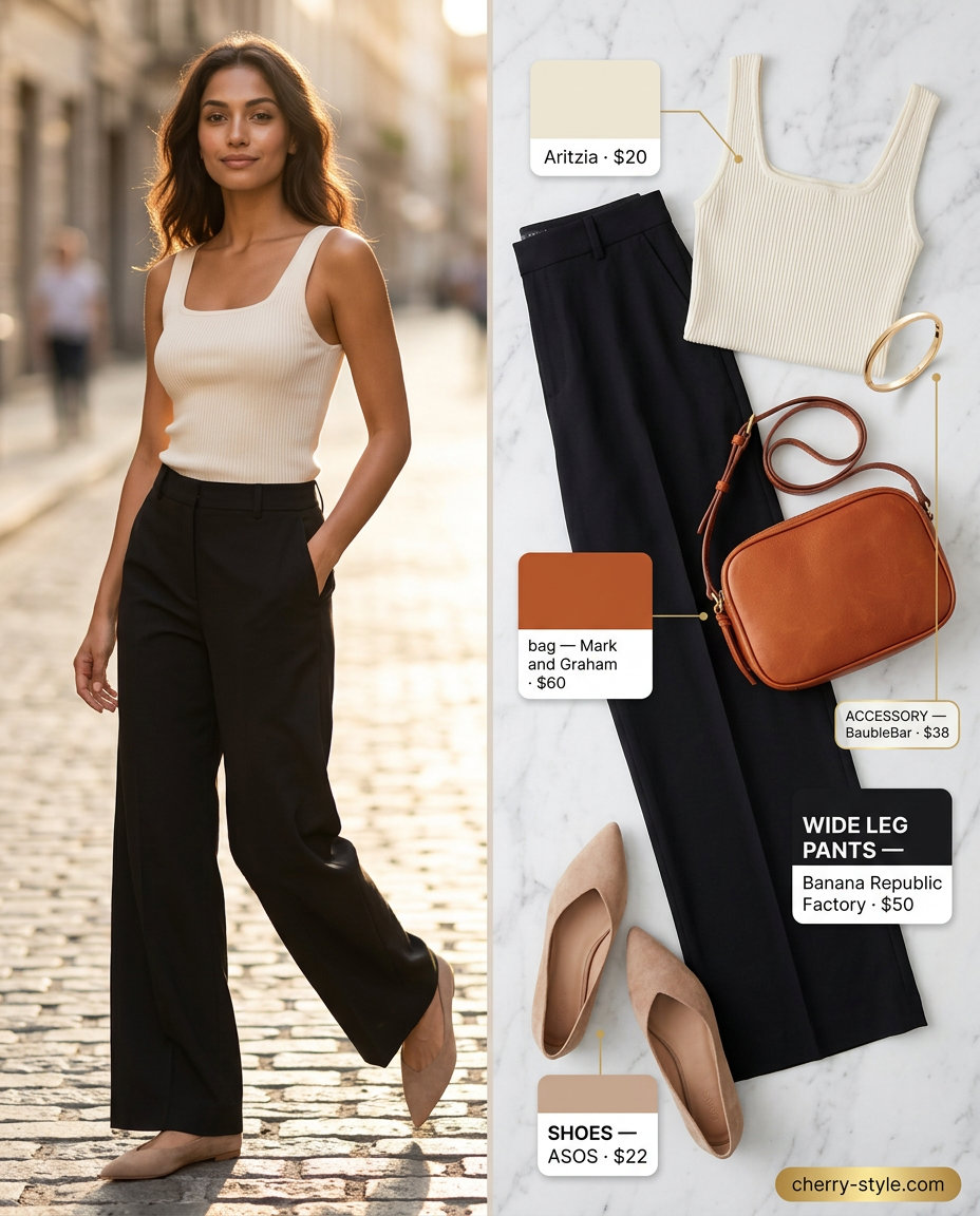 Chic monochrome linen summer palazzo wide leg pants outfit for women 2026: cream top, beige pants, nude flats.