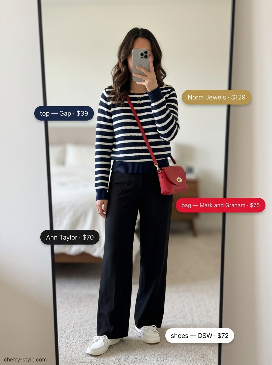 Classic Riviera chic summer palazzo wide leg pants outfit for women 2026: striped top, white pants, red bag.